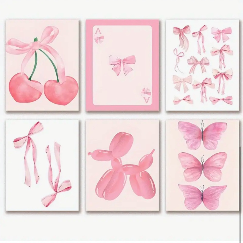 Pink Bow Coquette Wall Art Printer Poster Decor set of 6